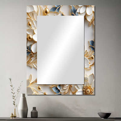 Kennedee Golden White and Blue Flowers Elegance - grand miroir mural en marbre, miroir unique moderne, impression d'art en métal
