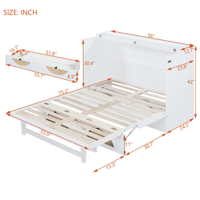 Lit escamotable avec grand tiroir, ports USB et prises USB, Blanc, Double