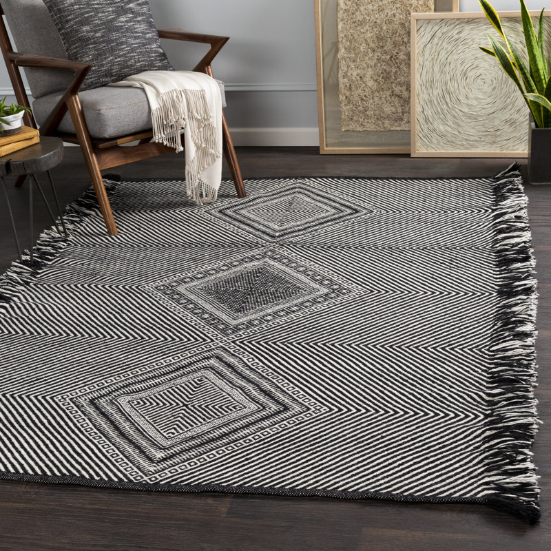 Tapis gris en laine tissé à plat à la main Morgan Southwestern, Rectangle 5 pi x 7 pi 6 po