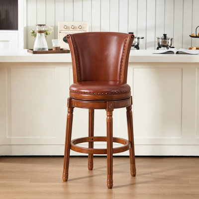 High Back Swivel Bar Stools with Full-Grain Genuine Leather Upholstered Seat & Solid Wood Footrest, Counter Bar Stool for Kitchen Island & Pub