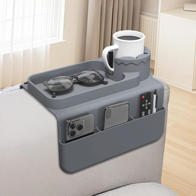 Couch Cup Holder Tray, Silicone Sofa Armrest organizer with Side Pockets for Storage Remotes, Cell-phone,Tablet or Snack, Anti-Spill and Anti-Slip Sofa Arm Tray for Recliner