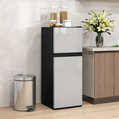 4 Cu.Ft Mini Fridge with Freezer, Double Door Compact Refrigerator with Adjustable Thermostat, Shelf and Reversible Door for Bedroom, Dorm, Home Office, Energy Efficient