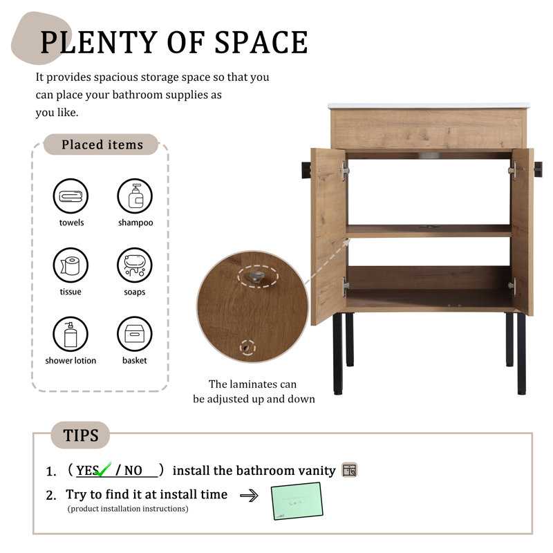 Ensemble de meuble-lavabo simple 24,47 po avec plateau en céramique Analah, Chêne