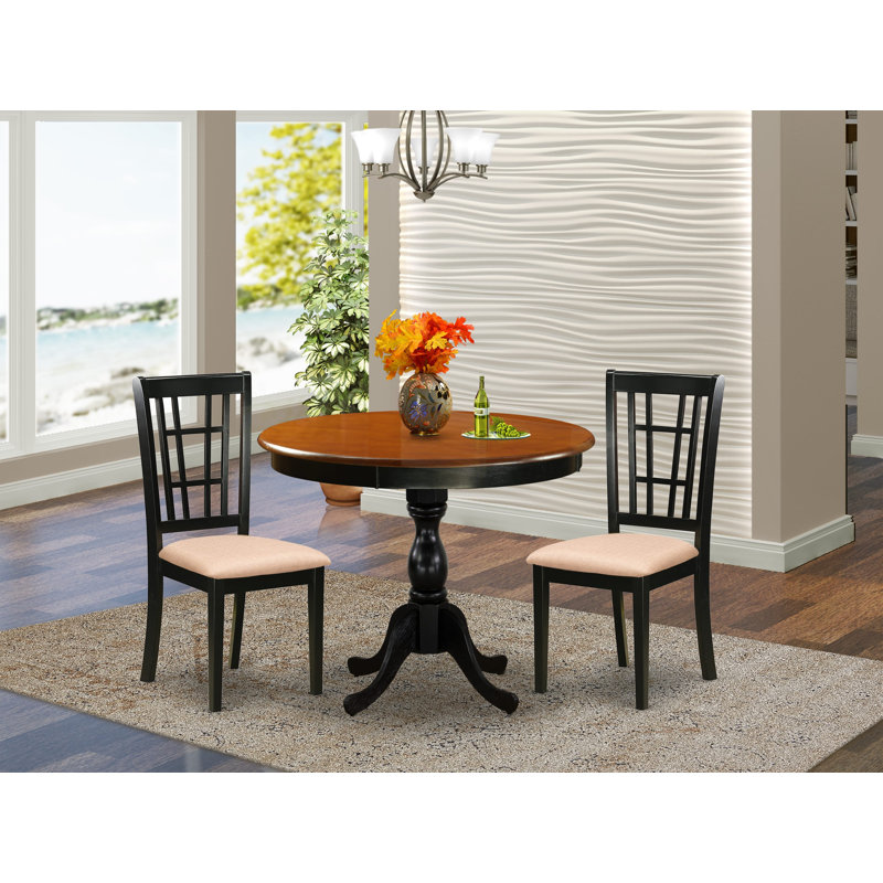 3-Pc Dining Table Set Consists of a Modern Kitchen Table and 2 Linen Fabric Mid Century Chairs with Slatted Back - Black Finish