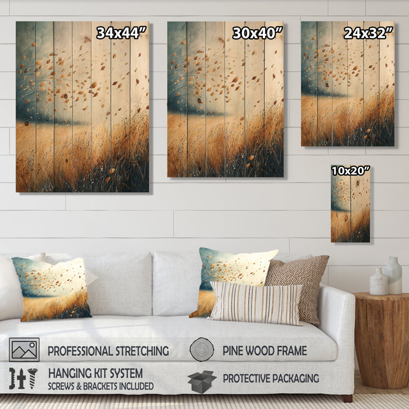 «Meadow Windy Prairie Leaves I», art mural en bois sur bois de pin naturel, H 20 po x l 10 po x P 0,78 po