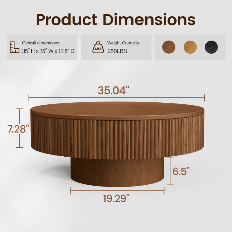 Teajah Fluted Round Handcrafted Coffee Table, Brown, 13.78" H x 35.04" L x 35.04" W