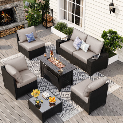 7-pieces Patio Conversation Set With Wide Armrests And Fire Pit Table,outdoor Rattan Seating Group by Latitude Run