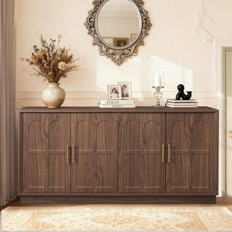 66.5" Modern Wood Sideboard Buffet with Arched Doors for Dining & Living Room, Walnut, Walnut