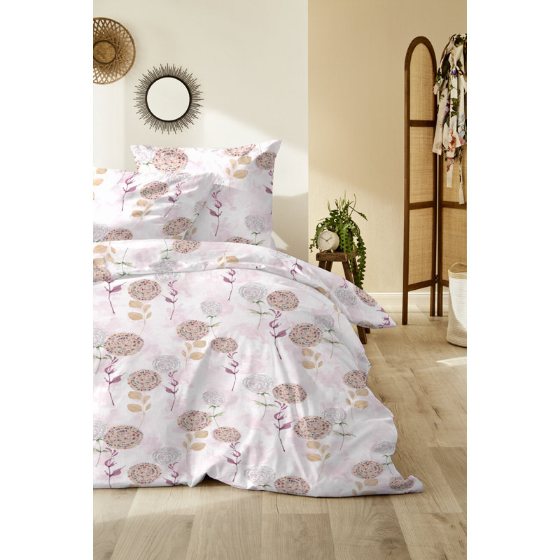 Regginal Cotton Floral Duvet Cover Set with Pillow Shams Included, 135cm W x 200cm L Duvet