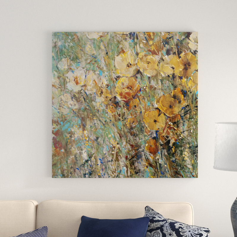«Amber Poppy Field I», peinture sur toile, H 36 po x l 36 po, Toile tendue