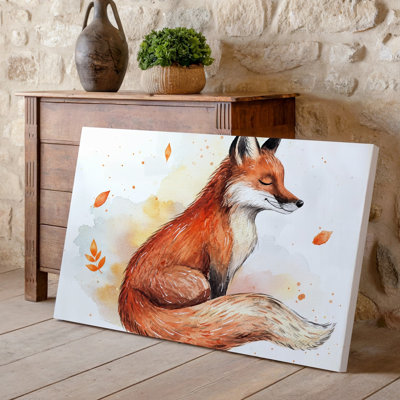 Canvas A Whimsical Watercolor Illustration Of A Serene Fox Sitting Gracefully Wall Art Its Eyes Closed In Contentment Surrounded By Canvas Wall Art