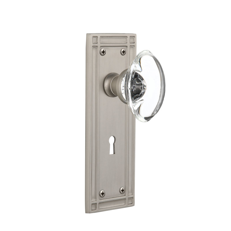 Crystal Oval Interior Mortise Door Knob with Mission Long Plate, Satin Nickel