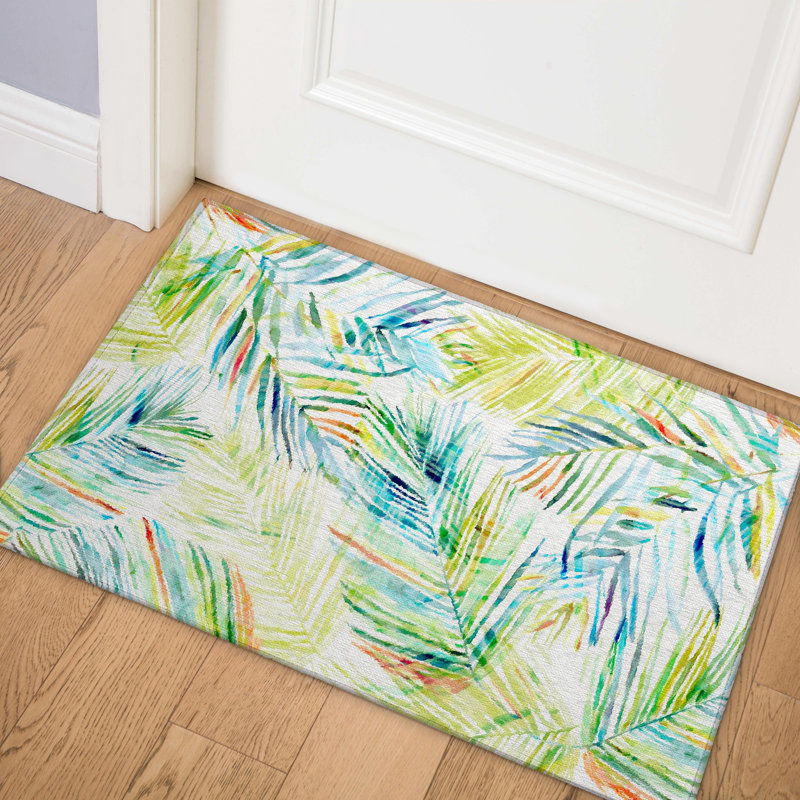 Tapis bleu / vert en polyester tissé à la machine Braggs, Rectangle 1 pi 8 po x 2 pi 6 po