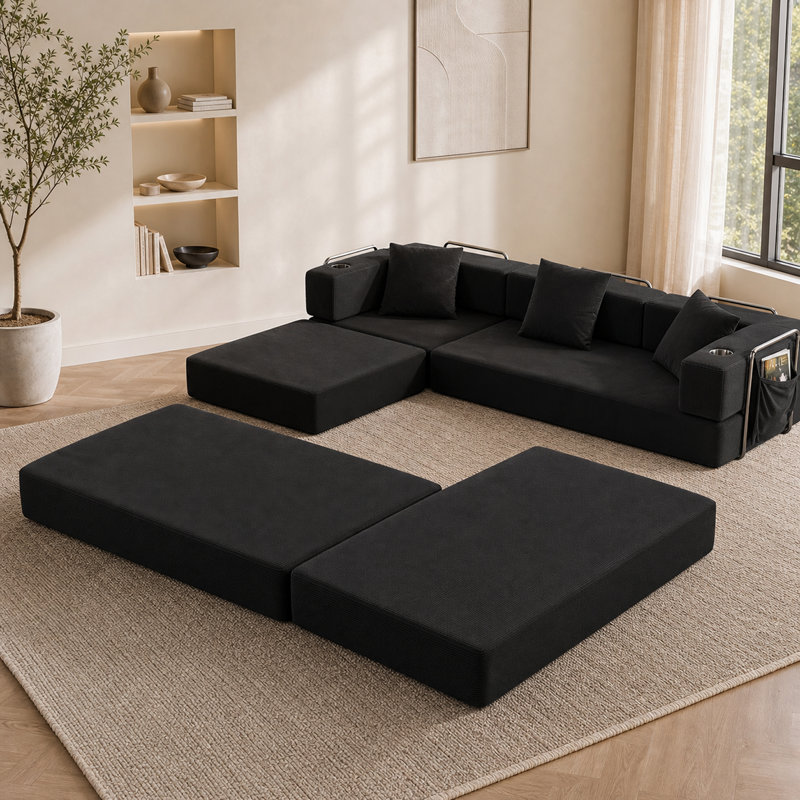 Canapé d'angle modulaire en L avec méridienne, 108 x 72 x 26 pouces, en velours côtelé noir, monobloc, aucun assemblage requis