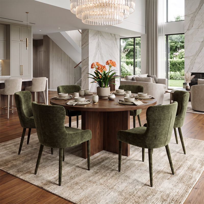 Ensemble de salle à manger rond 7 pièces avec table en placage de bois et chaises à oreilles en chenille, Vert foncé