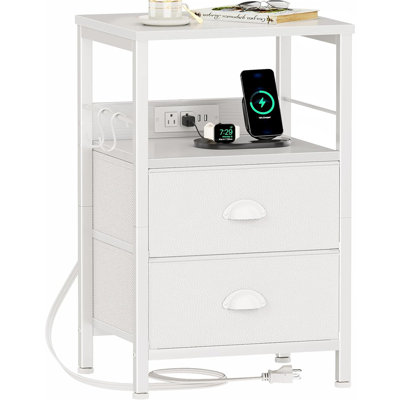 End Table With Charging Station, Nightstand With Fabric Drawers, Side Tables With Usb Ports & Outlets, Night Stand With Storage Shelf & Hooks, For Liv