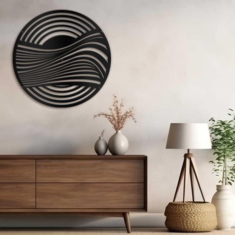 Cercle noir rayé minimaliste moderne abstrait décoratif décoratif suspendu, H 24 po x l 24 po x P 0,05 po, Noir