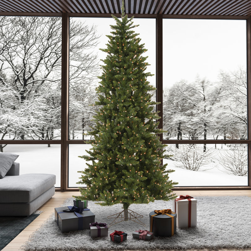Camdon Fir Slim Artificial Christmas Tree, 12' H, Clear Lights, Pre-Lit