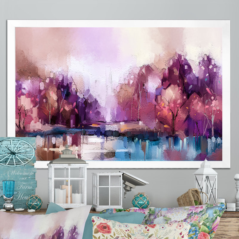 «Abstract Abstract Autumn Trees By The Lake», reproduction sur toile flottante, H 8 po x l 12 po x P 1 po, Cadre photo blanc