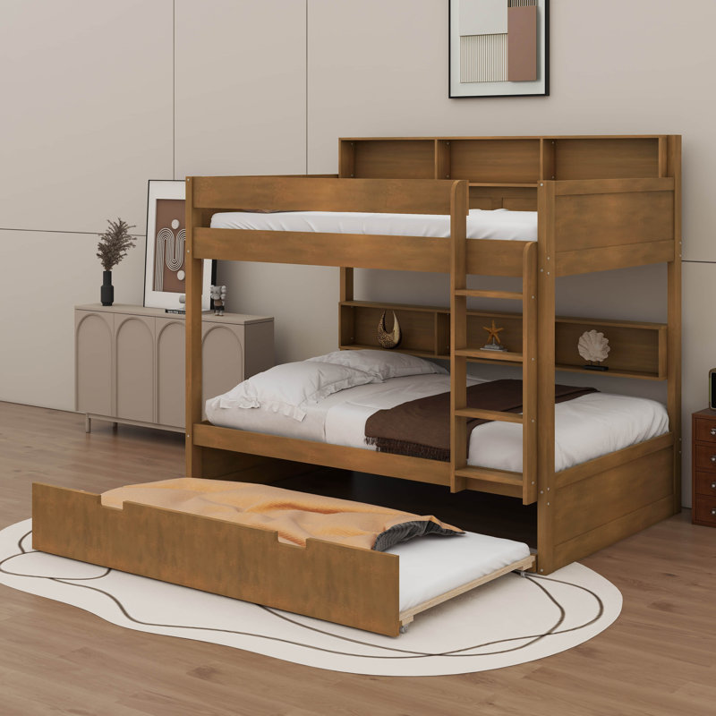 Lit superposé avec lit gigogne et tablettes de rangement intégrées, lit superposé en bois peu encombrant, Simple sur simple