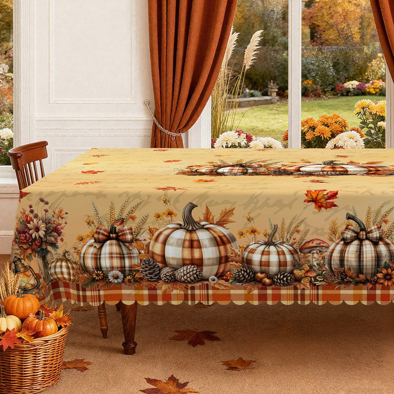 Machine-washable yellow tablecloth with maple leaf and pumpkin patterns for a warm, cozy atmosphere, 70.8" L x 55.12" W