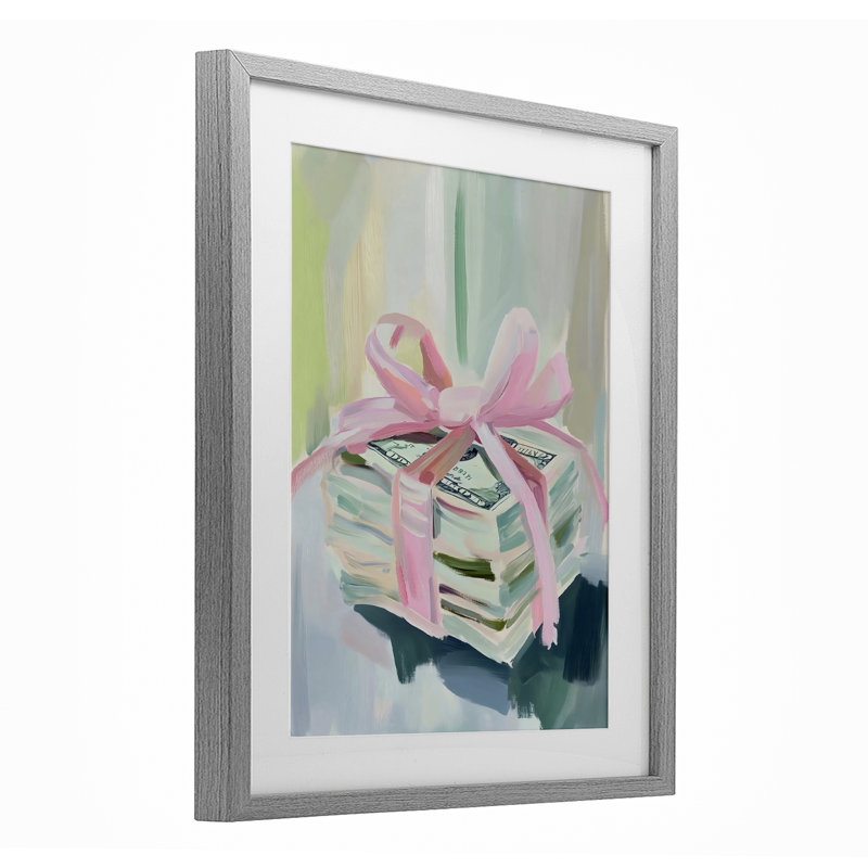 «Pink Bow Cash», reproduction sous verre encadrée, design par The Prints Vibe, 16 x 13, Farmhouse Grey Under Glass Framed