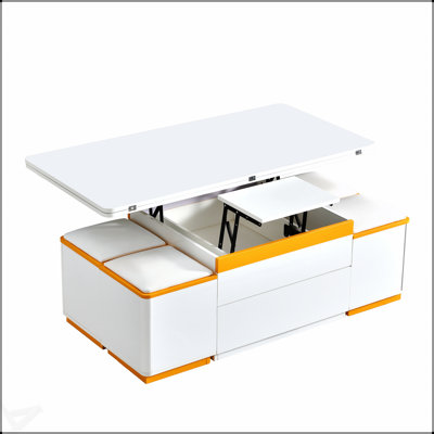 Table basse à plateau relevable avec 4 tabourets de rangement, table basse moderne avec plateau pliable, table basse réglable multifonctionnelle pour le salon
