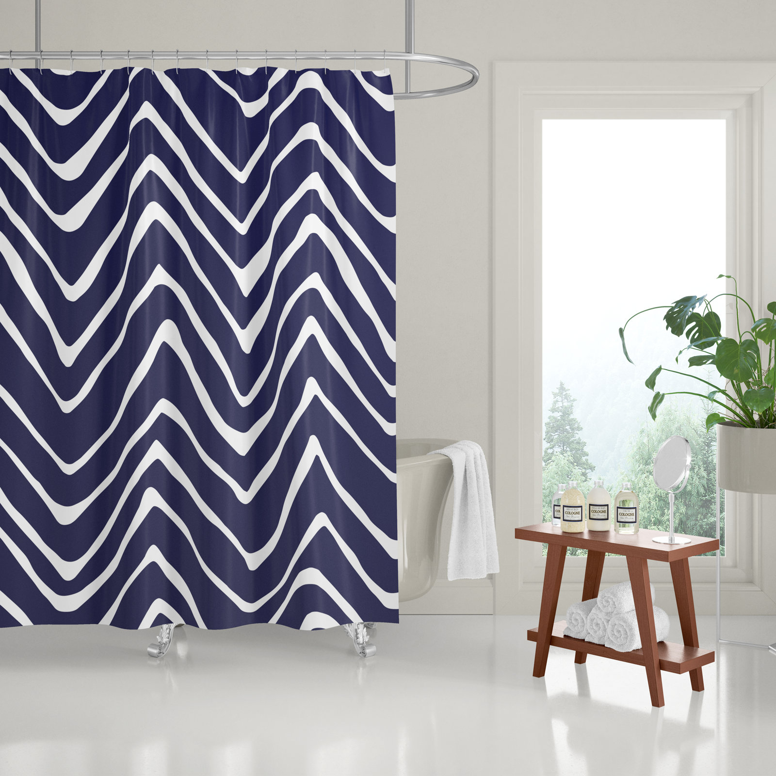 Polyester Shower Curtain, Navy Blue/White