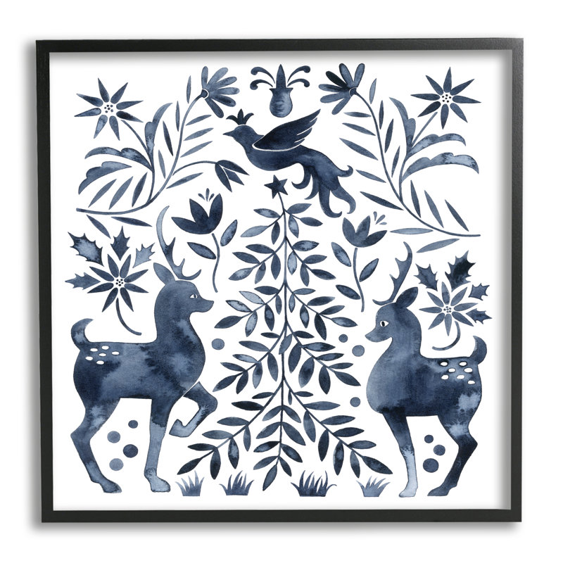 Chevreuil festif, colombe, sapin de Noël, plantes, feuilles, Giclée encadrée noir minuit, H 12 po x l 12 po x P 1,5 po