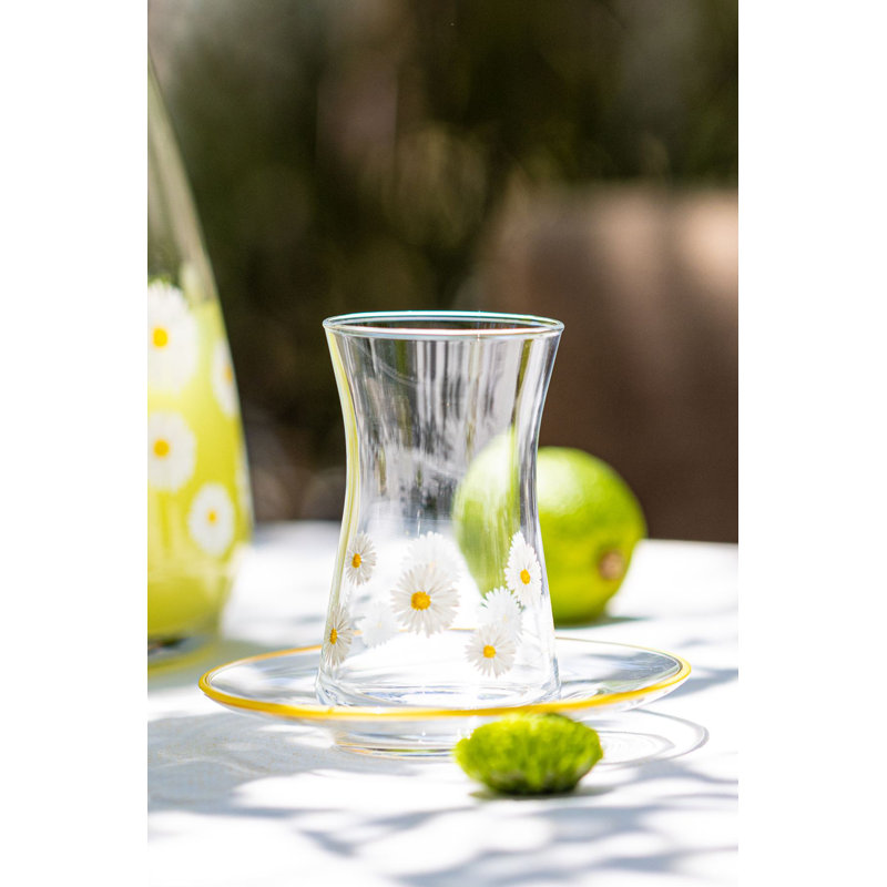 Ensemble de verres à thé Elegant (12 pièces), transparent et jaune, 2,3 x 2,3 x 3,7 pouces | 100% verre, 5,7 oz liq. (6 verres) et soucoupe 5 x 5 x 0,6 pouces (6 pièces) | Idéal pour les amateurs de thé, lavage à la main recommandé pour la longévité