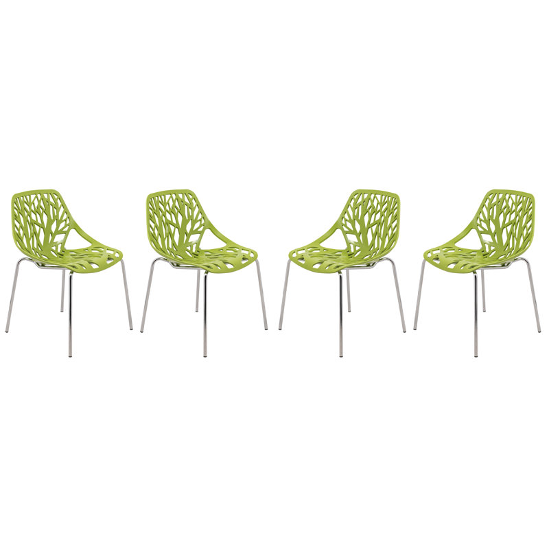 Chaise de salle à manger empilable Hadda avec dossier à découpes florales et pieds en acier inoxydable, vert