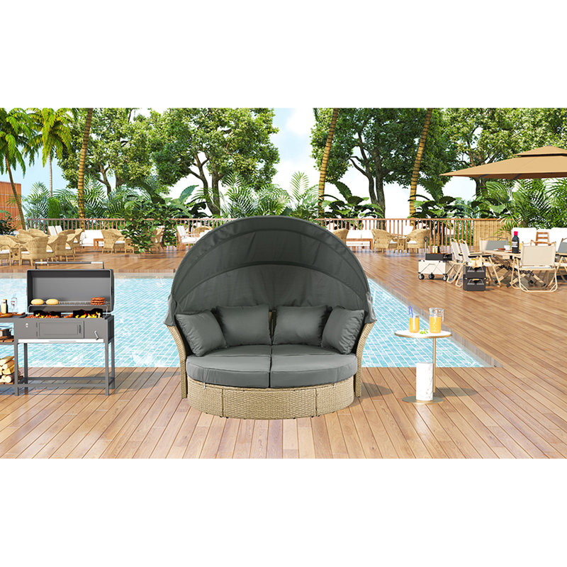 Lit de jour double gris avec auvent et 4 coussins - Mobilier d'extérieur pour véranda amovible