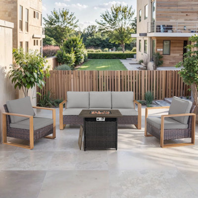 Ensemble de meubles de patio en osier 4 pièces en métal - canapé de 75 po, deux fauteuils et foyer au gaz, meubles de conversation en rotin toutes saisons avec coussin lavable pour terrasse