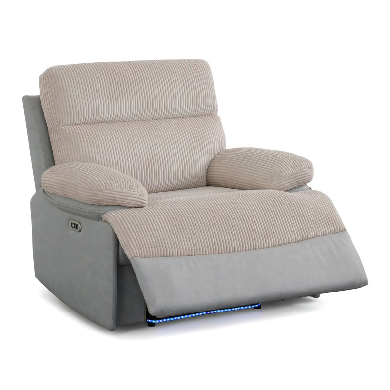 Oversized Faux Leather Power Recliner Chair With LED Lights, Single Sofa For Living Room, Bedroom, Home Theater, Light Gray