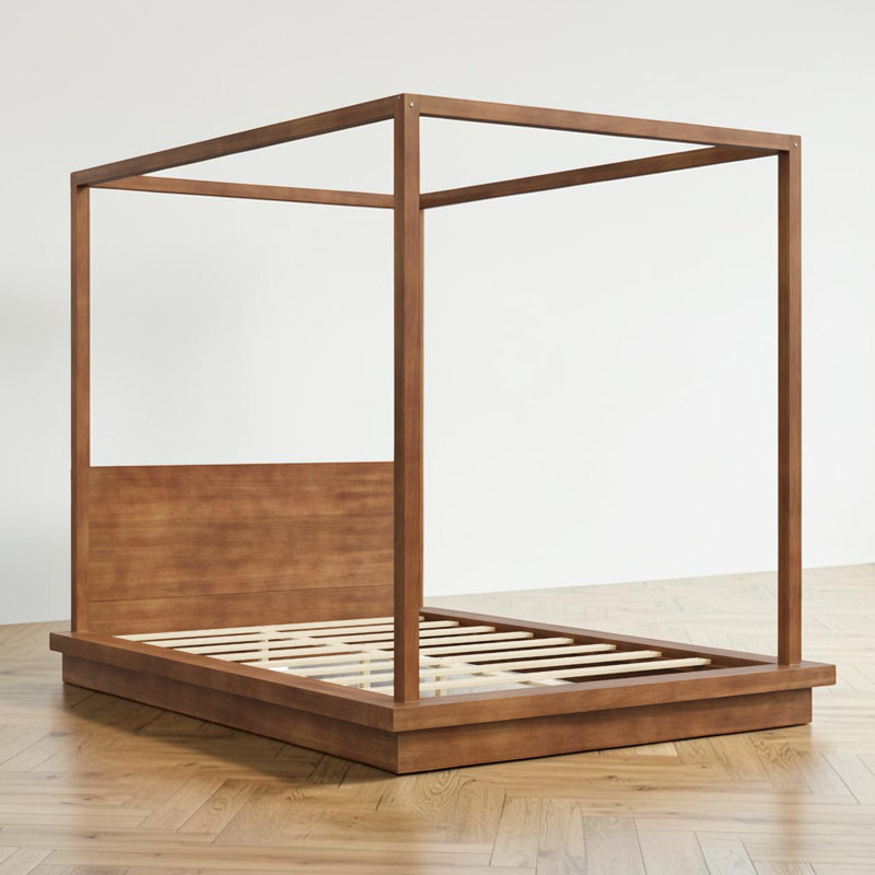 Lit plateforme à baldaquin en bois, profil bas, tête de lit à panneau, maison de campagne moderne, chambre à coucher, Brun