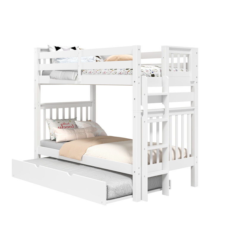 Treva Tall Solid Wood Standard Bunk Beds Twin over Twin, 4 Step Ladder, Twin Trundle, White, Twin Over Twin with Twin Trundle
