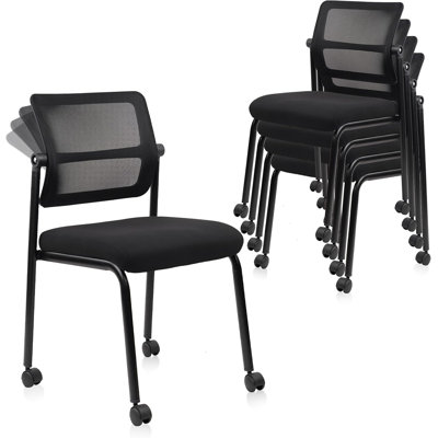 Stacking Armless Office Waiting Room Chair with Wheels, Stackable Mesh Guest Reception Desk Chairs with Adjustable Backrest for Conference Lobby Side