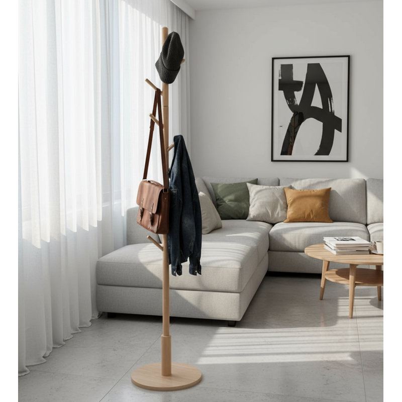Bamboo-Colored Vertical Wooden Coat Rack, Beech Wood Tree-Shaped 9 Hooks, 3 Height Adjustments For Multi-Spaces, Beige