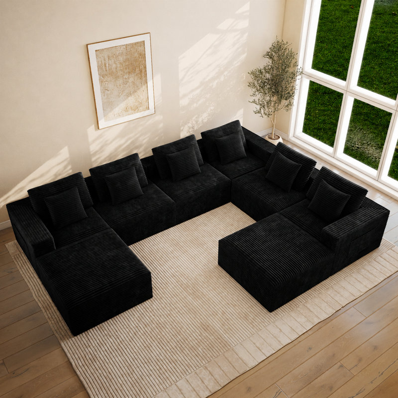 Canapé modulaire à compression en U avec chaise en velours côtelé 141,7 po Abdou, noir, Velours côtelé noir