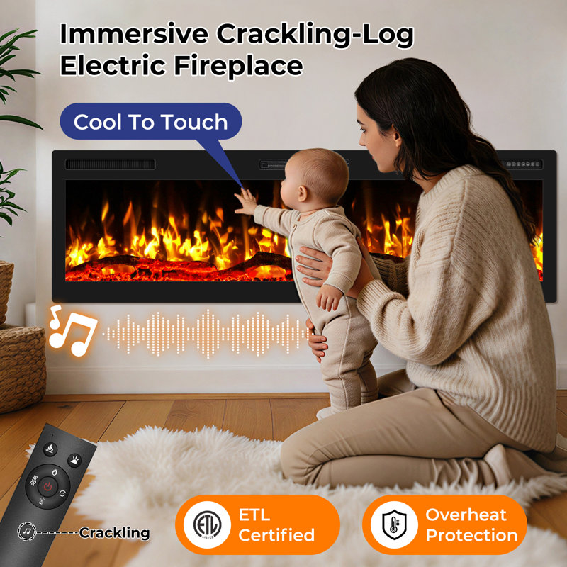 Smart WiFi Electric Fireplace with Sound Crackling Narrow Bezel Recessed and Wall Mounted Fireplace Heater with App, Remote Control, Log Flame Option