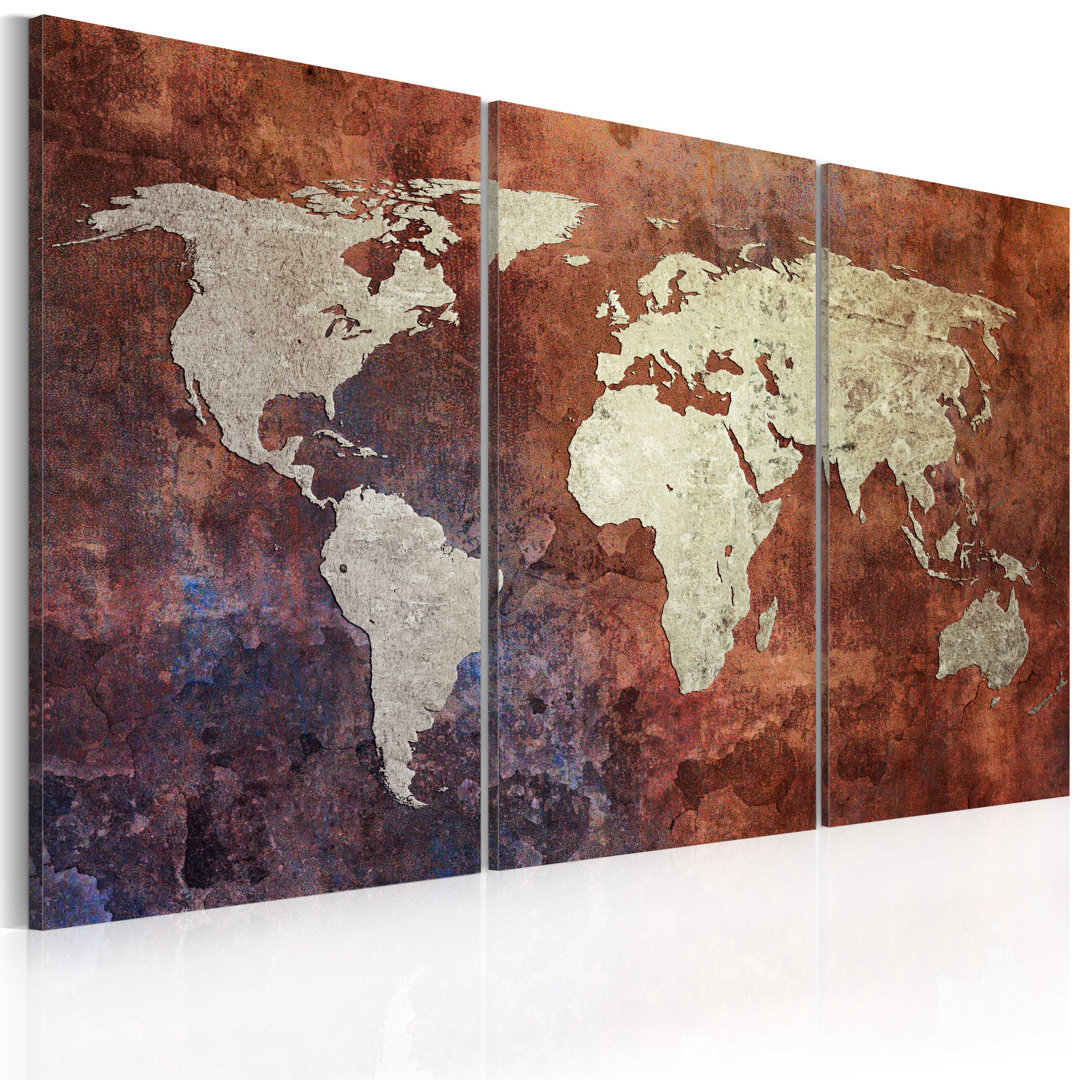 3-tlg. Leinwandbilder-Set Rust-colored world map