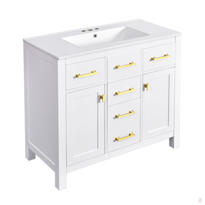 Ensemble de meuble-lavabo 36 po avec lavabo en céramique 36 po, armoire de salle de bain simple autoportante moderne avec 4 tiroirs et 2 armoires, meuble de rangement pour la salle de bain, ensemble de meuble-lavabo avec cadre en bois massif
