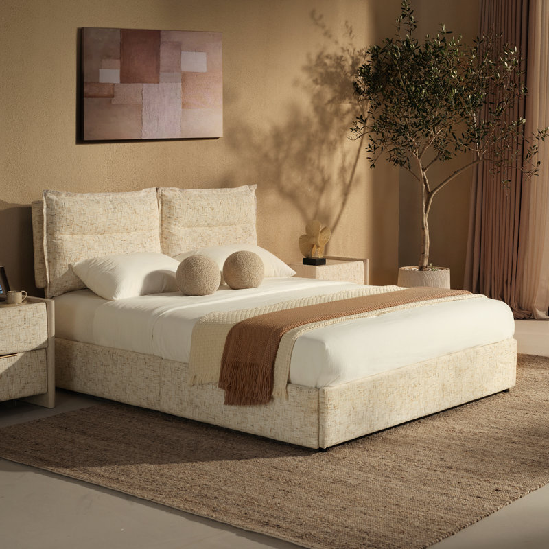 Upholstered Platform Bed Frame With 4 Storage Drawers Dual Cushions, Queen