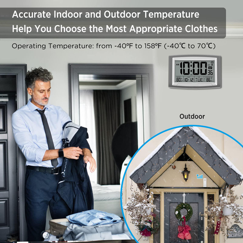Atomic Clock With Indoor And Outdoor Temperature - 12.5 Inch Self-Setting Digital Clock Large Display
