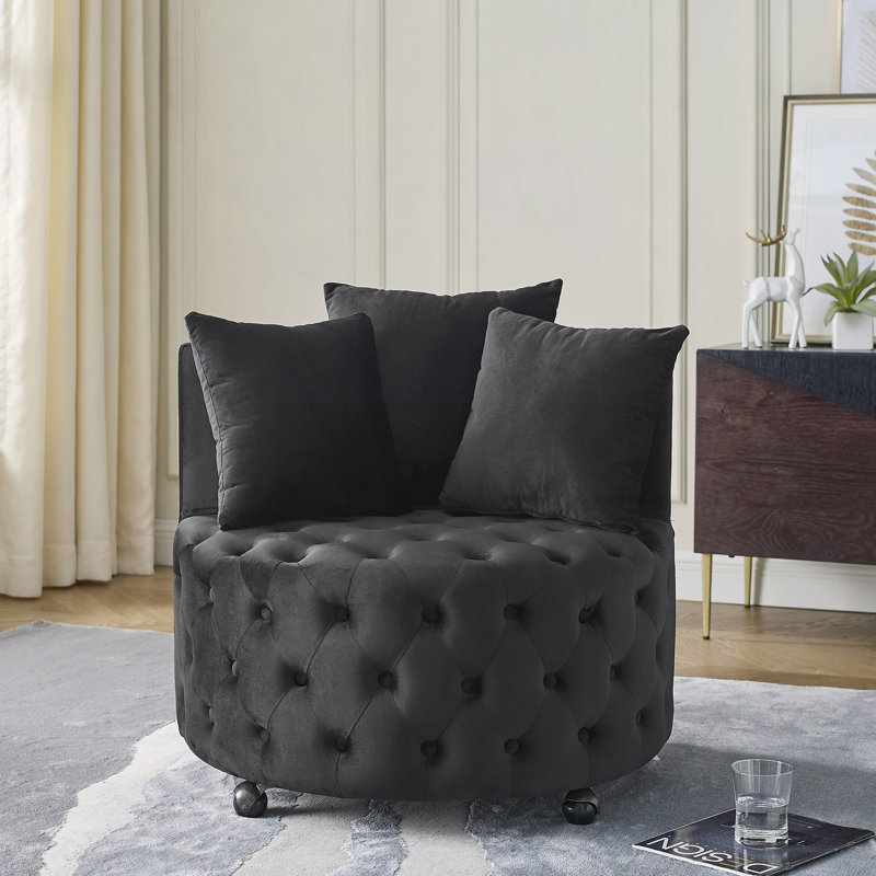 Fauteuil pivotant en velours rembourré pour le salon, avec capitonnage à boutons et roues mobiles, comprenant 3 coussins