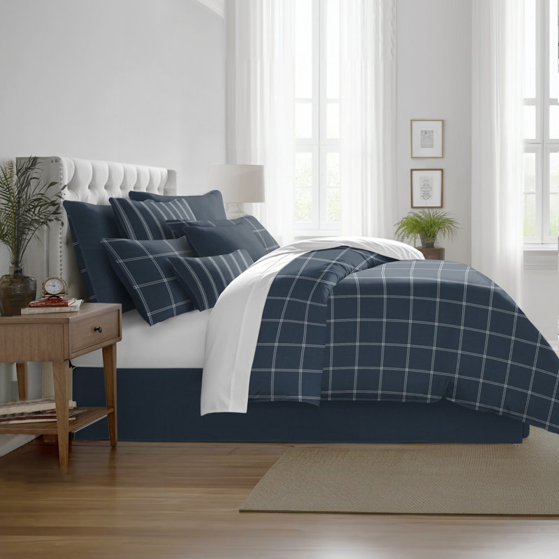 Shay Window Pane Dark Denim Cotton Duvet Cover Set  8 Piece, King Duvet Cover + 7 Additional Pieces