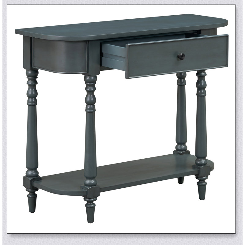 Narrow Console Table With Curved Corners, Retro Entryway Table With Top Drawer And Open Shelf For Hallway And Living Room