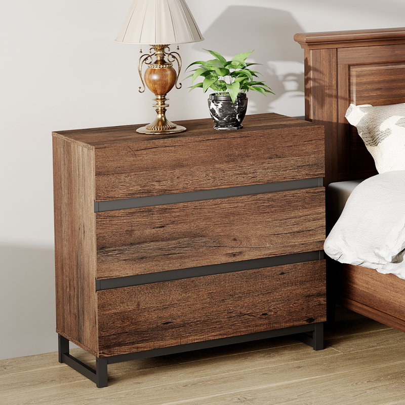 Table de chevet avec 3 tiroirs pour la chambre à coucher, table de chevet moderne avec pieds carrés en fer noir, table d'appoint en bois rustique pour le salon