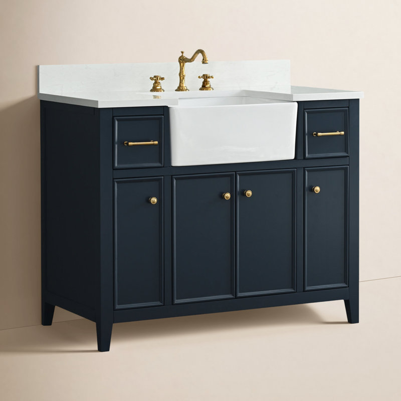 Meuble-lavabo simple 42 po Aisa, Bleu indigo / or brossé