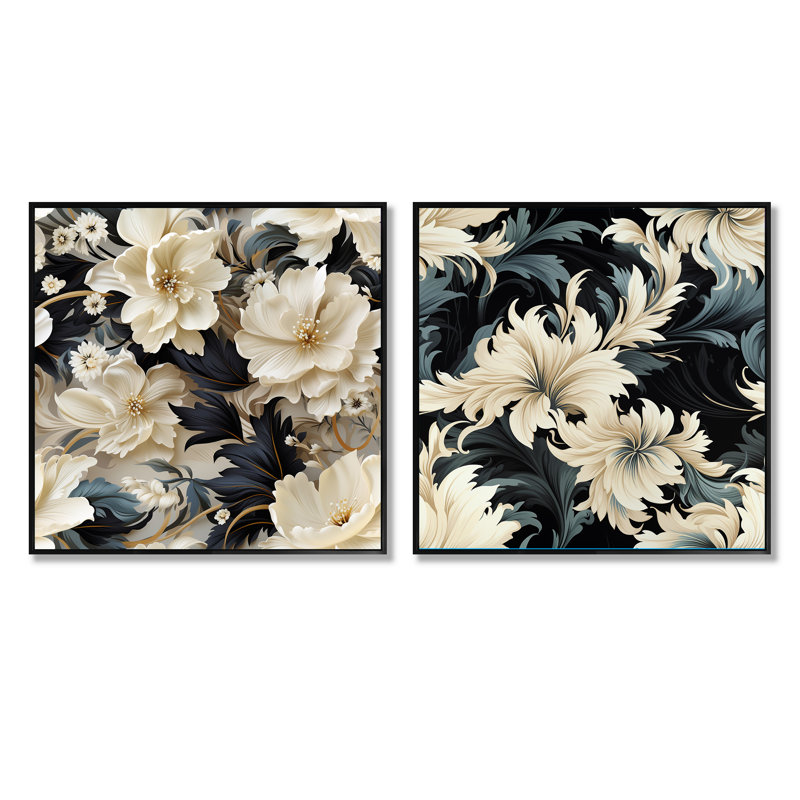 Willia - Ensemble de 2 collages carrés floraux, Cadre flottant noir, H 36 po x l 73 po
